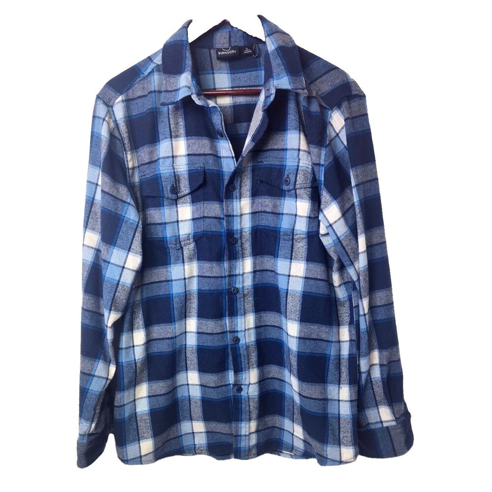 Burnside Blue Navy Tan Plaid Flannel Button Front Shirt Mens L Classic